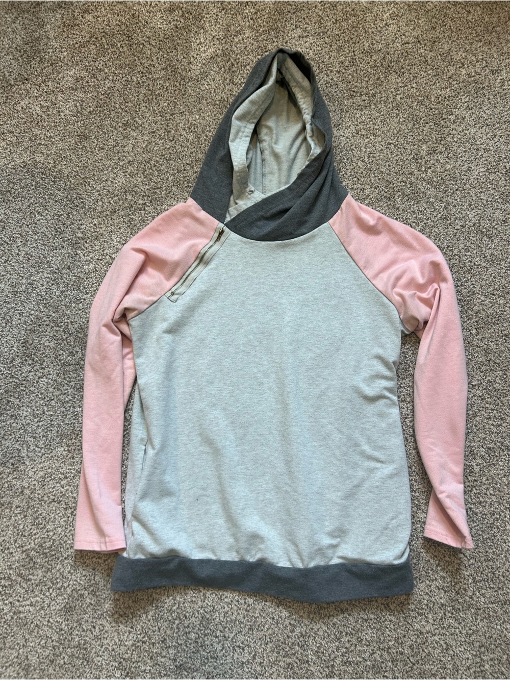 Women’s Hooded Raglan Sweatshirt - Pink Sleeves, Gray Body